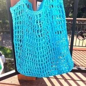 Aqua Crochet Tote With Pouch Turquoise NEW